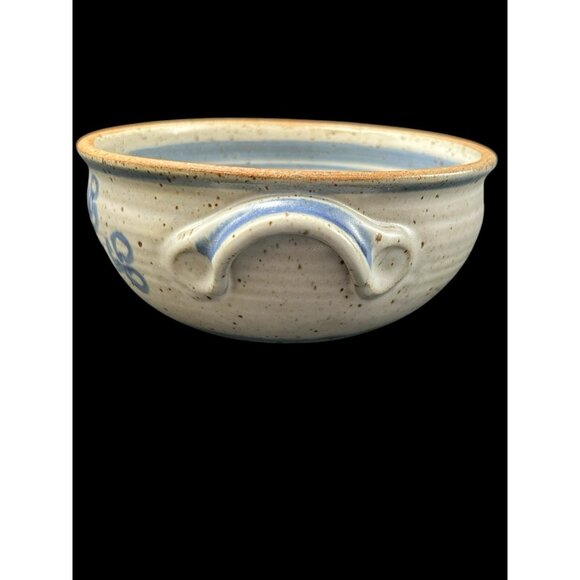 Salt Glaze Speckled Blue Bird Pottery Bowl Handled 6" Signed Handmade Turned - Picture 3 of 9